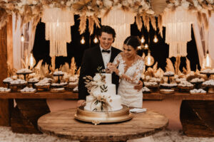 Couple cuts their wedding cake.