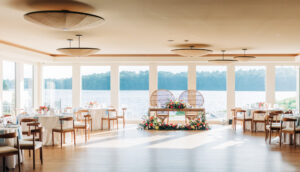Reception space at a wedding at The Lakehouse that looks like a destination wedding