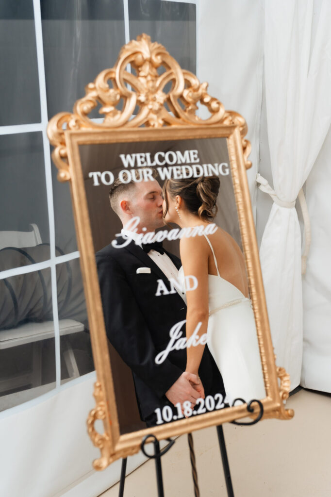 Welcome mirror bride and groom kiss in reflection