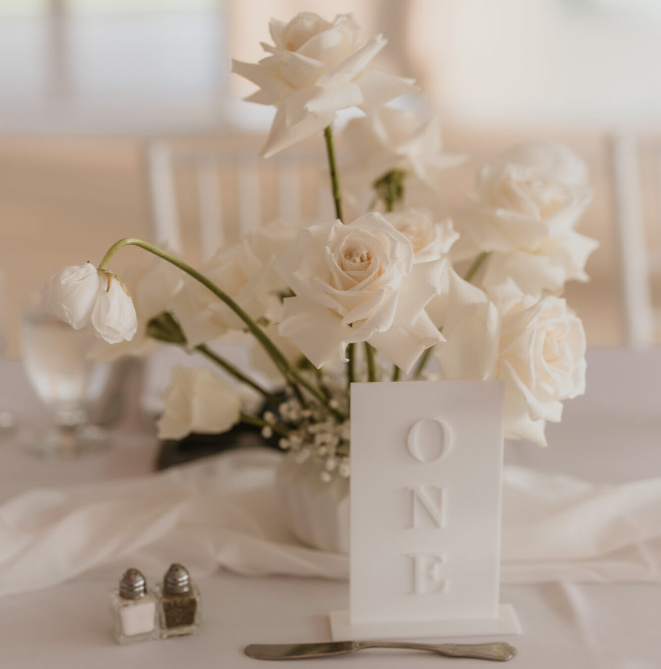 White table setting at wedding reception
